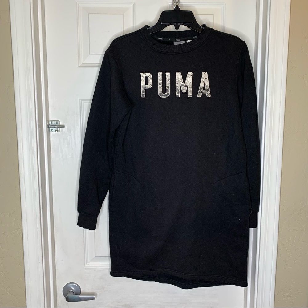 Puma Black Logo Sweatshirt Dress Front Pockets